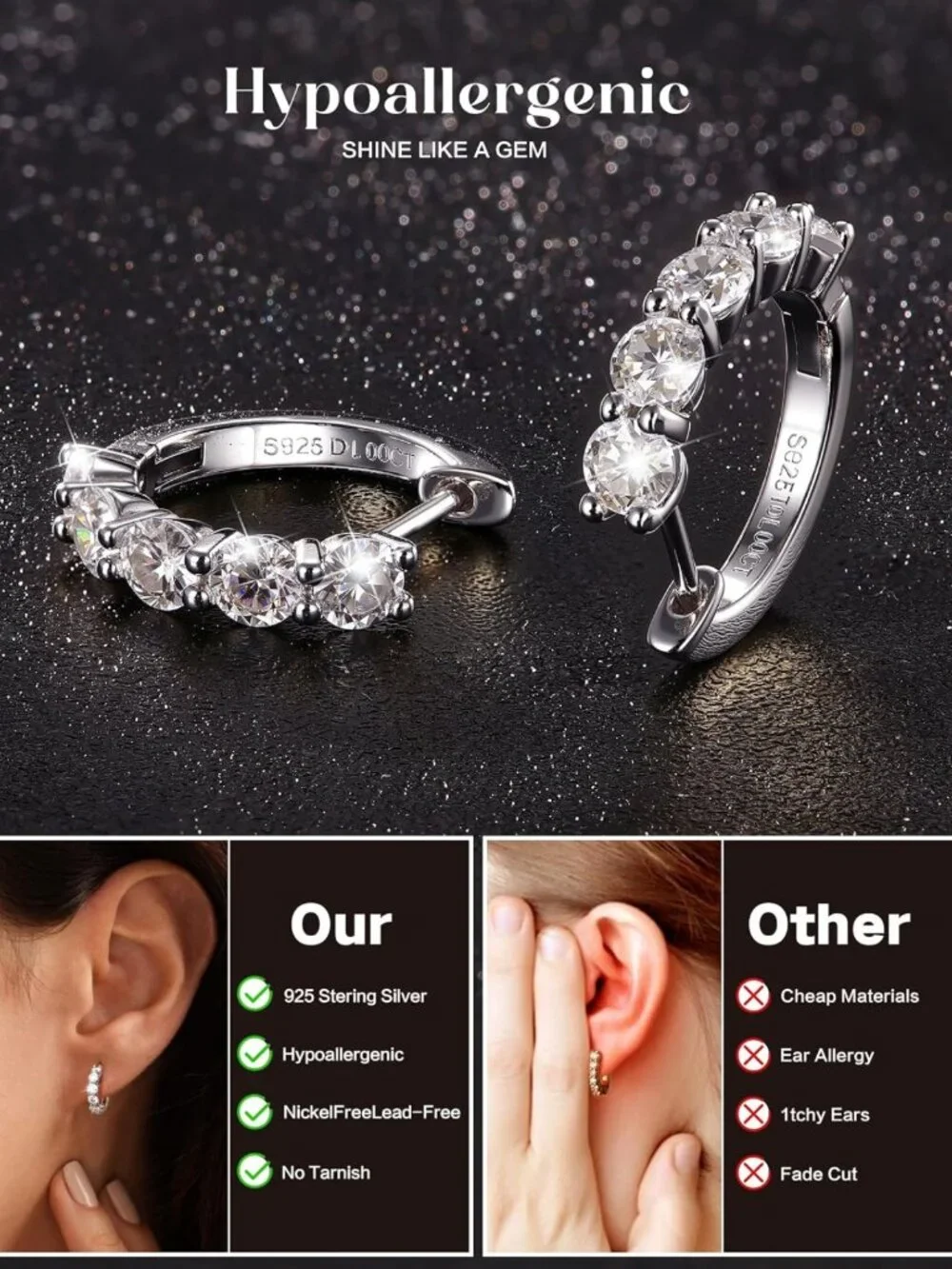 Elegant Moissanite Hoop Earrings in S925 Sterling Silver - Unisex Huggie Style